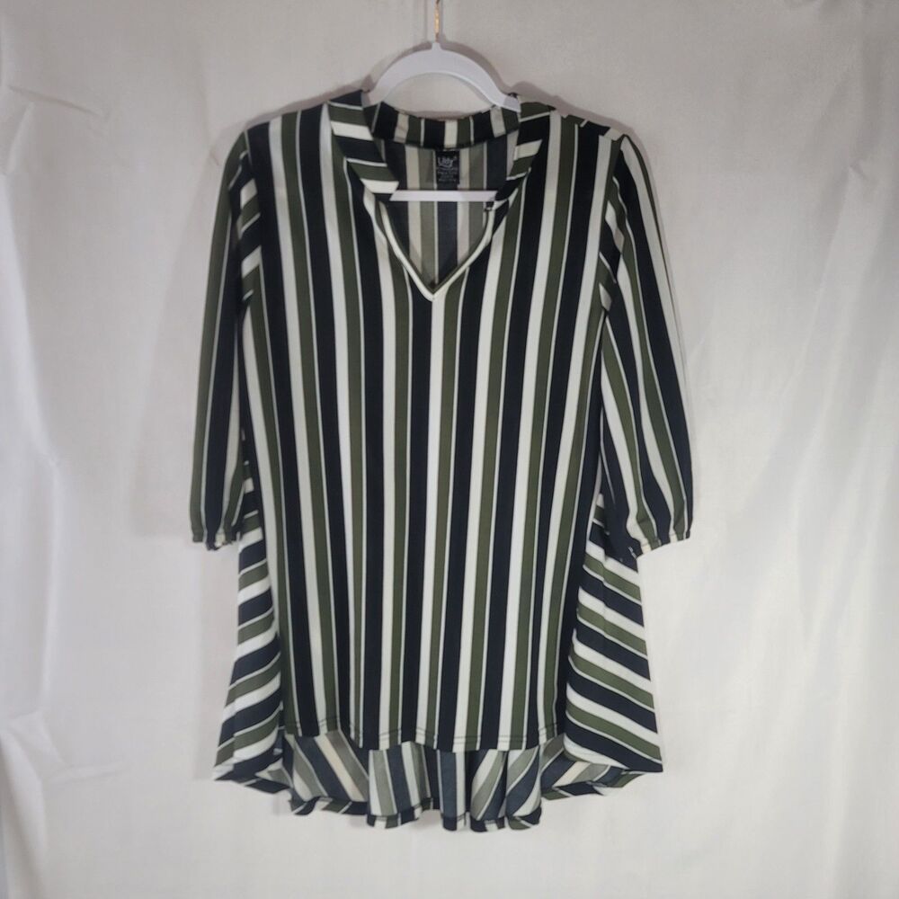 Lildy Printed Bishop Sleeve Tunic Shirt Size M Striped V-Neck High-Low Olive B&W